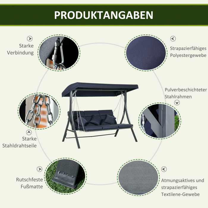 Outsunny Hollywood Swing, 3-Seater, Holds up to 270 kg (595 lbs), Swing Bench with Adjustable Canopy, Garden Swing with Cushions | Aosom