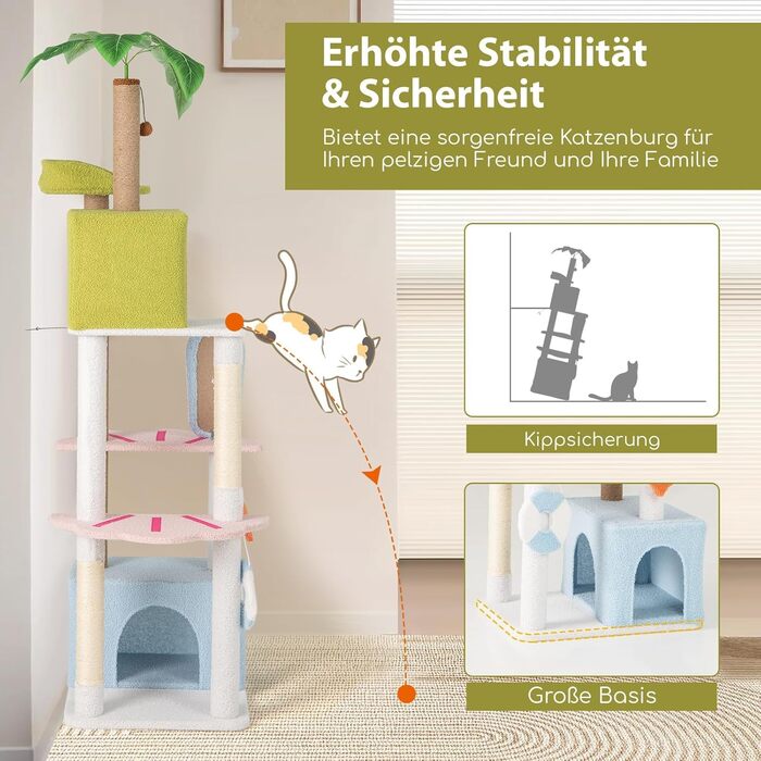 Дряпка для котів COSTWAY 97 см з печерою та лежанками, кігтеточка з сизалевого мотузка та дерев'яною основою, активний комплекс для котів, зелений+бежевий
