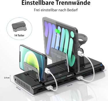 Зарядний пристрій Alxum 96W USB-C на 10 портів: швидка зарядка для телефонів, планшетів (PD 18W x2, QC 3.0 x2) - чорний
