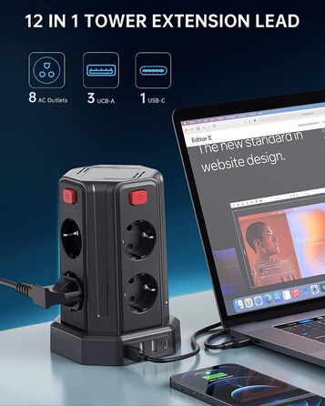Мережевий фільтр Sameriver з 4 USB, 8 розеток, захистом від перенапруги, вимикачем та 2м кабелем, чорний