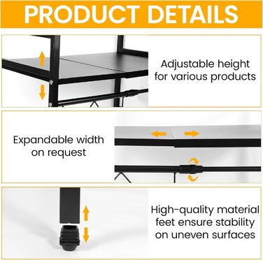 Регульована полиця для мікрохвильової печі, 2-ярусна, розширювана полиця для кухні з вуглецевої сталі з 8 гачками, підставка для кухонного приладдя, стійка для мікрохвильової печі та органайзер для кухні