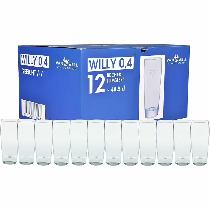 Van Well Willibecher 0.4l 12-Piece Set - Premium Beer Glasses 0.4 Liter - Robust Beer Glass, Dishwasher Safe, Calibrated - Pint Glasses in Restaurant Quality - 400 ml Drinking Glass for Restaurants and Home