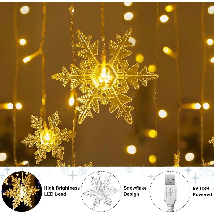 Ланцюжок LED-ліхтарів 2x2м, 200 LED, USB, тепле біле світло, для декору стін, кімнат, вечірок, весіль, Рамадан, Різдво (сніжинки)