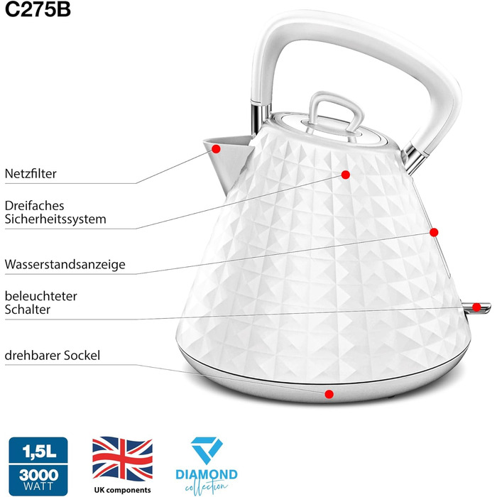 Eldom VENO Retro Electric Kettle - 1.5L Capacity, 3000W, Vintage Design with Grid Pattern, Quick Boil, Removable Scale Filter - White Deluxe