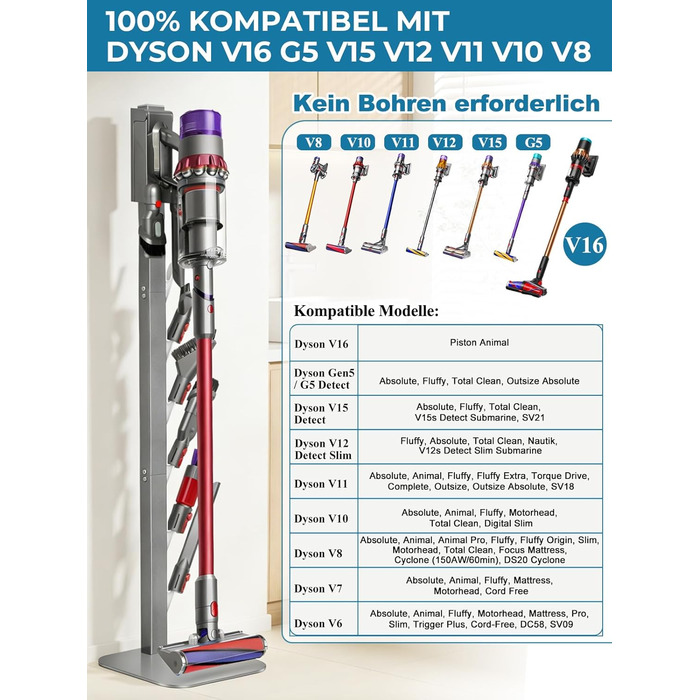 Підставка для пилососа Dyson V16, Gen5, V15, V12, V11, V10, V8, V7, V6 – металева, настільна, з 4 гаками, без свердління, срібляста