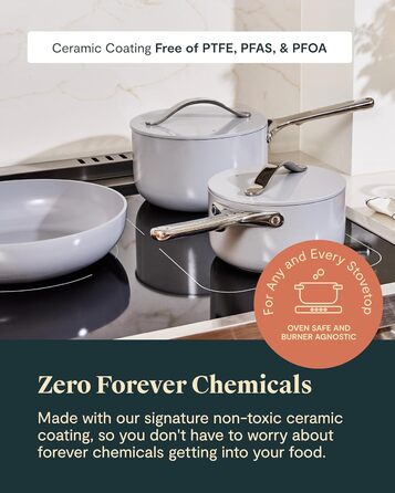 Набір посуду Caraway Deluxe антипригарний керамічний 16 предметів: каструлі, сковороди, кришки, кремовий колір - без PFAS та PFOA, для всіх типів плит, жаростійкий