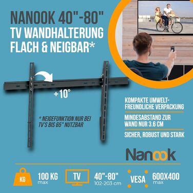 Настінне кріплення для телевізора Nanook 32-55 дюймів з регулюванням кута нахилу, для LED, QLED, OLED, VESA 400x400