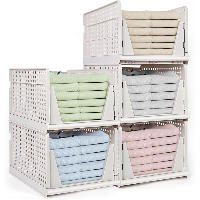 5 Foldable Plastic Storage Boxes, Drawer Box, Stackable Closet Organizer, Shelf Storage Box, Shelf Baskets Closet, Stackable Drawer Storage Boxes, for Kitchen Bedroom, White (5 Pcs XL)