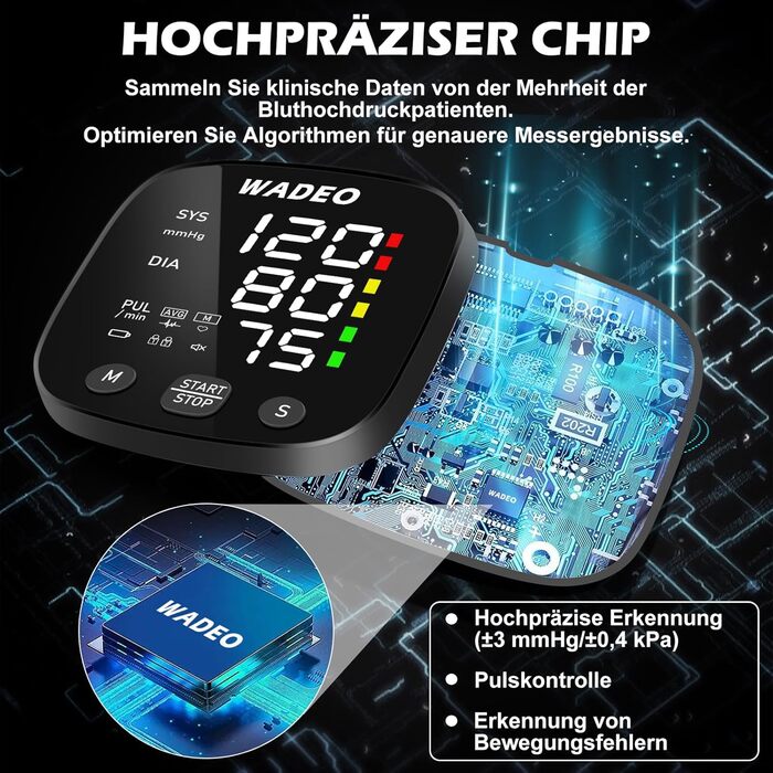 Цифровий тонометр WADEO на зап'ясті, мовлення 5 мовами, виявлення аритмії, портативний тонометр для дому та подорожей, 2 x 99 пам'ять, з батарейками та коробкою для зберігання, білий (чорний)