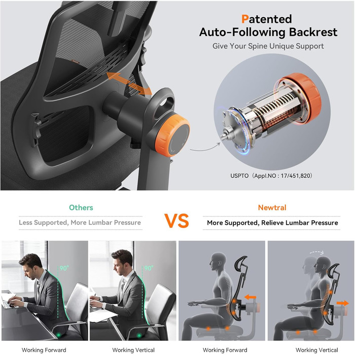 Офісний стіл Newtral з ергономічною підтримкою попереку, регульованою підголівником та 3D-підлокітниками, регульованою глибиною та висотою сидіння, чорний (без підставки для ноутбука)