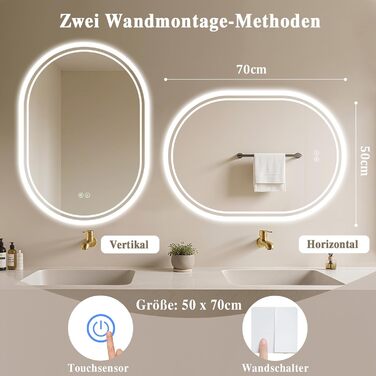 LED дзеркало для ванної кімнати Badspiegel з підсвічуванням, антизапар, сенсорне управління, регулювання яскравості, 3 кольори світла, овальне, 50x70 см