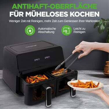 Фритюрниця NutriChef з гарячим повітрям, XXL 8л, подвійна камера, вікно, max 360°C, 9 програм, антипригарне покриття, придатна для миття в посудомийній машині, приготування без жиру, фритюрниця, гриль, духовка, 1700W, 8л, чорний