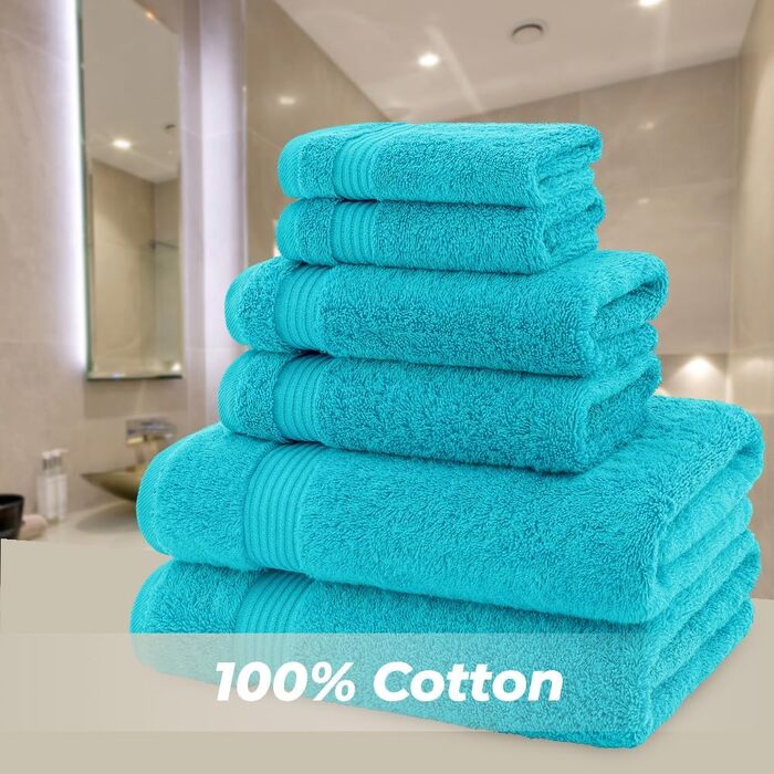 Набір махрових рушників American Bath Towels з 100% бавовни, 6 предметів, ультрам'які та гігроскопічні, колір аквамарин (2 банні, 2 для рук, 2 для обличчя)