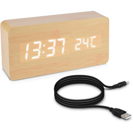 kwmobile Wooden-Look Digital Alarm Clock - Digital Clock with Time, Temperature, and Date Display - Alarm Clock with USB Cable in Birch with White LEDs