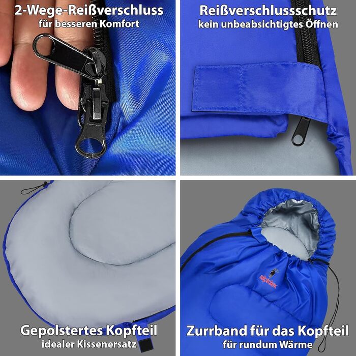 Спальний мішок Alpidex Mumienschlafsack 4 Seasons -17°C, 225x80 см, 400 GSM, ультралегкий, для кемпінгу та трекінгу (синій)