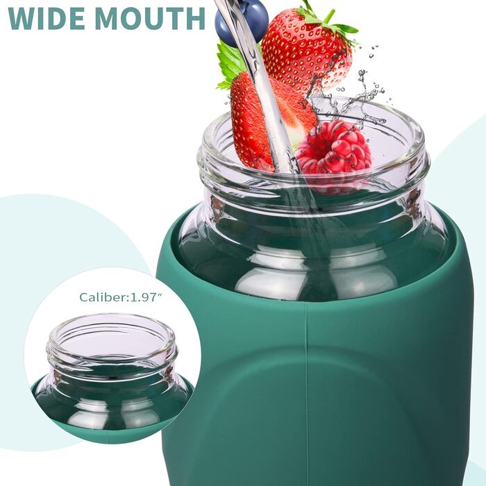 1 liter / 1l Drinking Bottle Glass with Straw BPA Free Glass Bottle with Silicone Sleeve Borosilicate Glass Water Bottle (Deep Green)