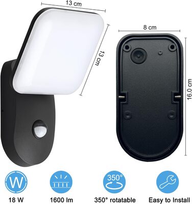 LED вуличний світильник настінний з датчиком руху, 18W, 1600LM, 3000K, тепле біле світло, IP65, алюміній, для дому, саду, гаража, тераси