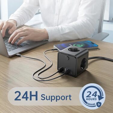 Мережевий фільтр подовжувач 7 в 1 з USB-портами, 3 розетки, з вимикачем, кабель 2 м, чорний — для дому та офісу