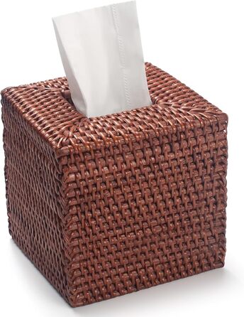 Square Rattan Cosmetic Tissue Boxes, Tissue Box Holder Dispenser for Home Office, 14.5 x 14.5 x 14.5 cm, Honey Brown
