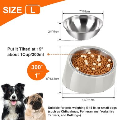 Миска для собак Petvillage з нахилом 15°, неслизька та з захистом від протікання, знімний стійкий підставник з меламіну, розмір S/0,5 чашки, сірий колір