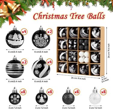 Набір ялинкових прикрас Ilauke, 44 шт. Ялинкові кулі з пластику червоного та білого кольору, 3 та 6 см. Декорації для ялинки на Різдво, для вечірки, дому, весілля. Кольори: червоний, білий (чорний, білий)