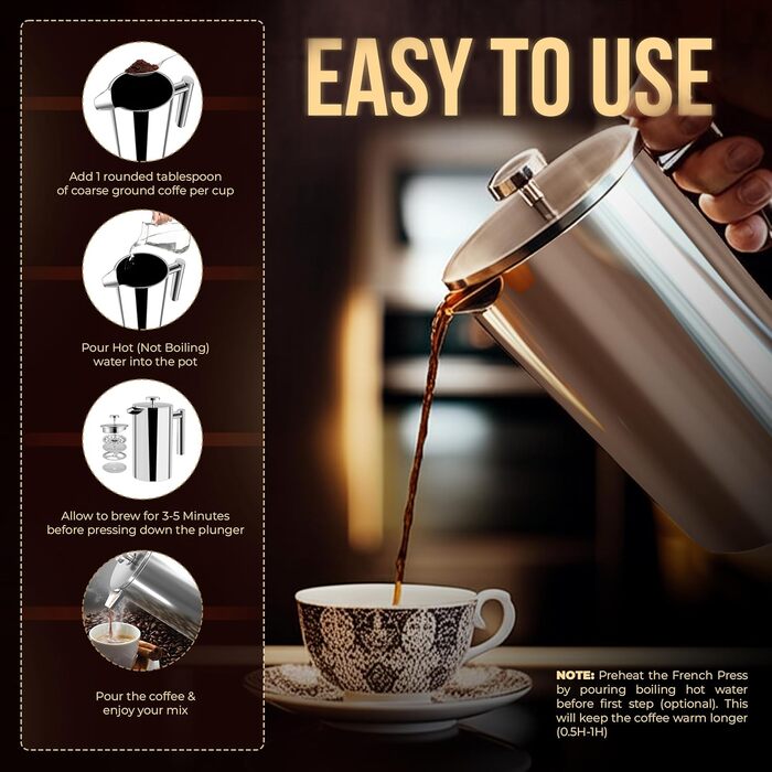 Кавоварка French Press KICHLY на 8 чашок з нержавіючої сталі, 1000 мл, з подвійними стінками та фільтром