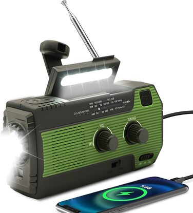 Сонячне радіо на батарейках з ручним заводом, LED-ліхтарик, SOS-сигнал, AM/FM, 2000mAh, зарядка смартфона