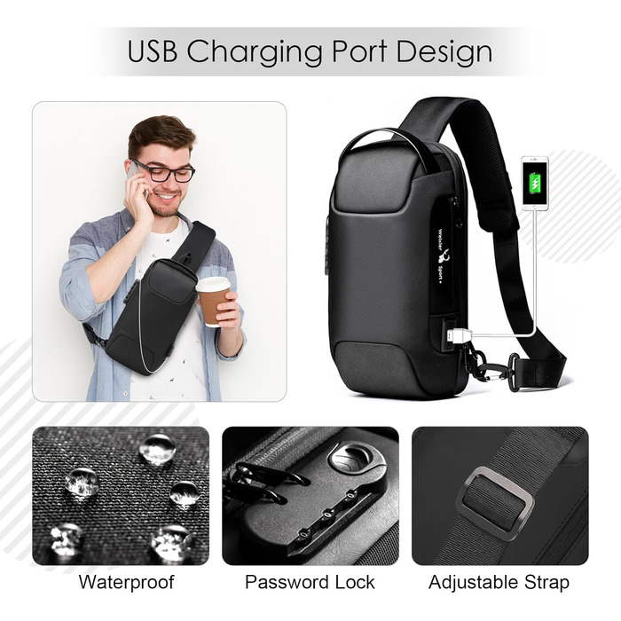 Сумка-слінг SPAHER Anti-Diebstahl з USB-зарядкою та кодовим замком. Чоловіча/Жіноча через плече, водонепроникна для подорожей, з багатьма кишенями (Чорний оксфорд+PU)