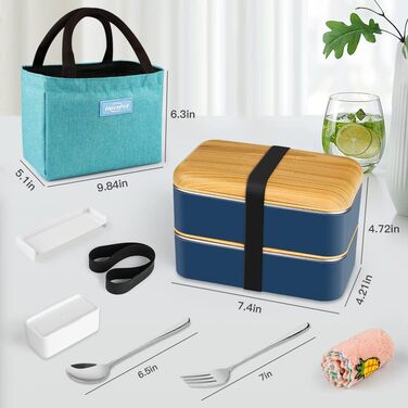 HOLIPOT Ланчбокс Bento Box з роздільниками, 2 рівні, з нержавіючої сталі та PP, з ложкою та виделкою, сумка, для дітей та дорослих, блакитний
