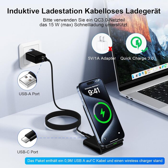 Бездротова зарядка 15W для Samsung Galaxy S25 Ultra, S24 FE, S23, S22, S21, S20, Z Flip6, Google Pixel 9 Pro, 8, 7, 6, iPhone 16, 15, 14 - чорний