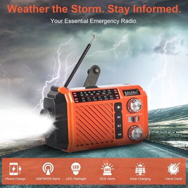 Радіо-приймач Kurbelradio з сонячною панеллю, Powerbank 2600mAh, AM/FM/SW, LED-ліхтарик та SOS-сигналом для екстрених ситуацій (Оранжевий)