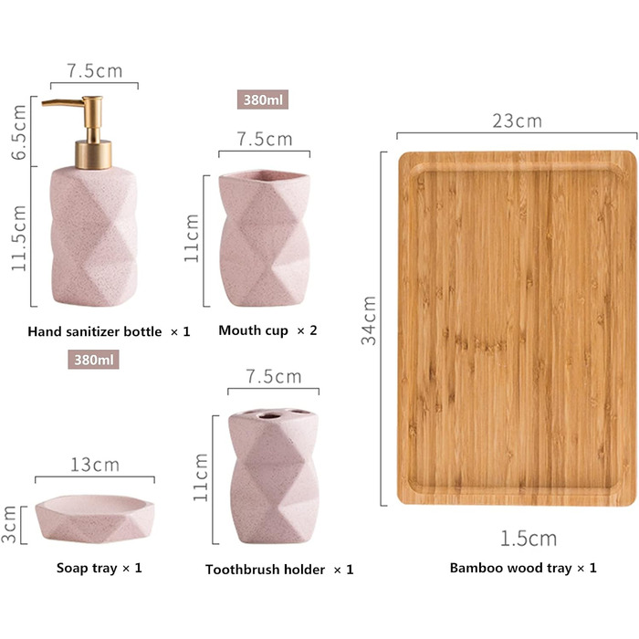 Набір аксесуарів для ванної кімнати Tauzveok: Геометричний дизайн, рожевий (6 предметів)