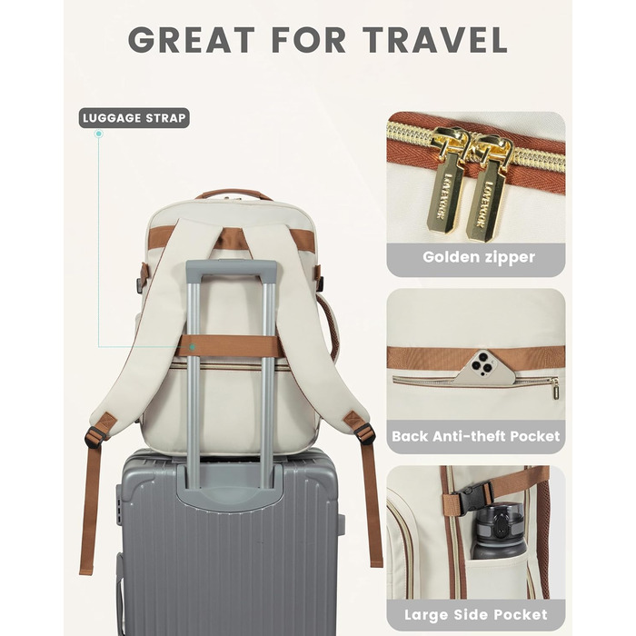 LOVEVOOK Рюкзак для ручної поклажі, 40L, для подорожей, ділових поїздок, валіза-рюкзак, водонепроникний, для ноутбука 17 дюймів, рюкзак для подорожей, кемпінгу, вихідних Beige+braun-30l