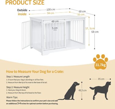 Клітка для собак Hzuaneri, 100 см, з розсувними дверима, дерев'яна, для дому, 100 x 60 x 68 см, білий колір