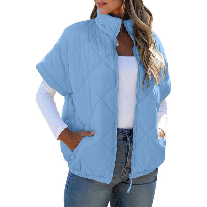 Жіноча степна жилетка, валяна, зі стійким коміром, без рукавів, на блискавці, осінь-зима, стильна верхня одежда (XXL, небесно-блакитний)