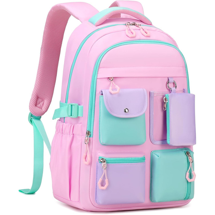 Рюкзак для дівчинки Tanou, великий шкільний рюкзак для підлітків, з тканини Оксфорд, з кількома відділеннями (рожево-зелений)