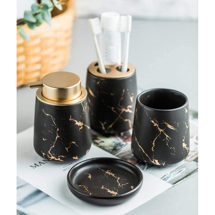 Набір для ванної кімнати з 4 предметів, кераміка, набір аксесуарів для ванної кімнати, імітація мармуру, себорегулятор, стаканчик для зубної пасти, тримач для зубних щіток, мильниця (Темно-зелений) (Чорний)