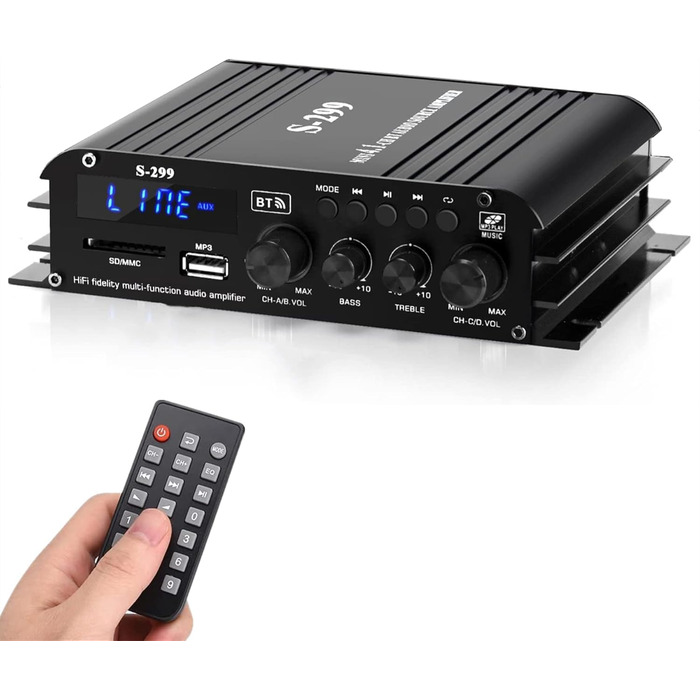 4.1-канальний підсилювач 1600W, Bluetooth 5.0, HiFi міні підсилювач для домашніх колонок 40Вт x4 + активний сабвуфер, USB/TF, MP3, пульт, 110-240V/12V, S299