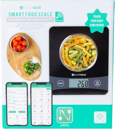 Кухонні ваги Silvergear® Digital з підключенням до App до 5 кг | Електронні кухонні ваги з функцією тарування | Цифрові ваги з підрахунком калорій | Точне вимірювання до 0,1 г | Підсвічений LCD-дисплей | Чорний