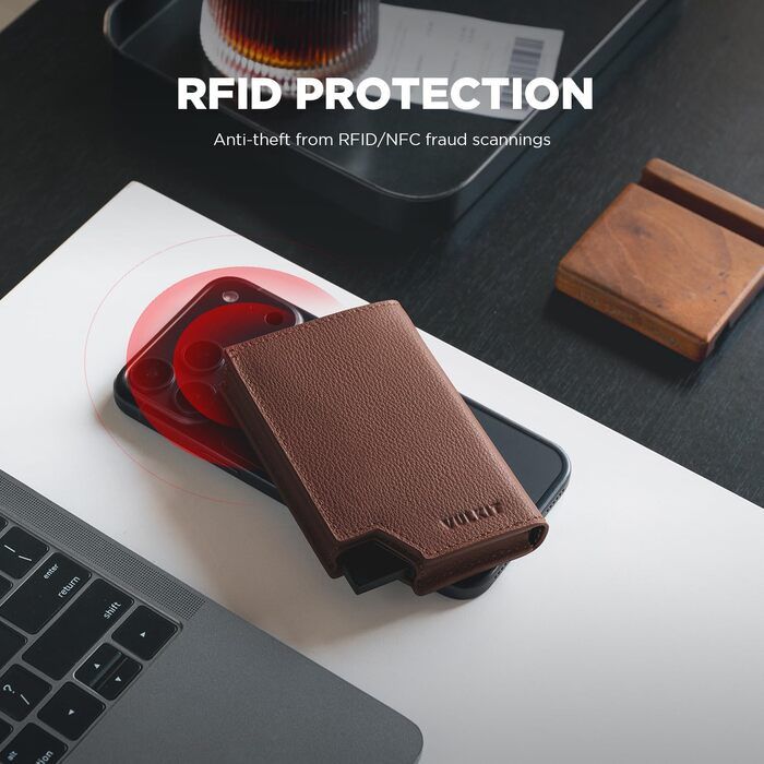 Гаманець-картхолдер VULKIT RFID захист, шкіряний, для чоловіків та жінок, з відділенням для грошей та магнітним закриттям, колір Еспресо