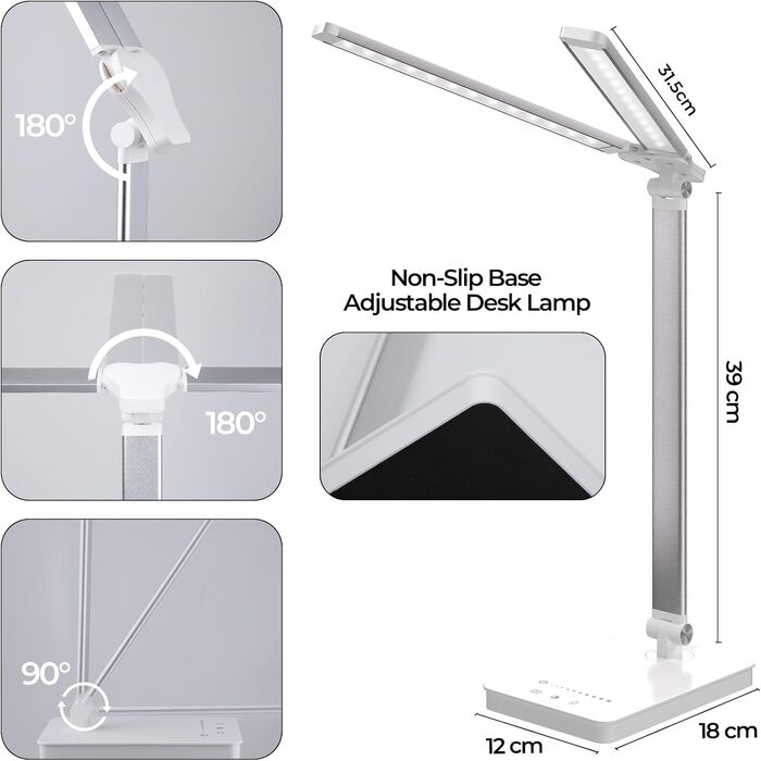 Світлодіодна настільна лампа LED 15W з регулюванням яскравості та 5 кольорами світла, захист очей, таймер, функція зарядки та пам'яті, для дитячої кімнати та офісу (Біла)