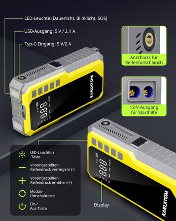 Powerbank для авто Karlxtom з компресором 190PSI, 88Wh, 4500A, LED-ліхтар, LCD-дисплей, для бензинових та дизельних двигунів (до 10L)