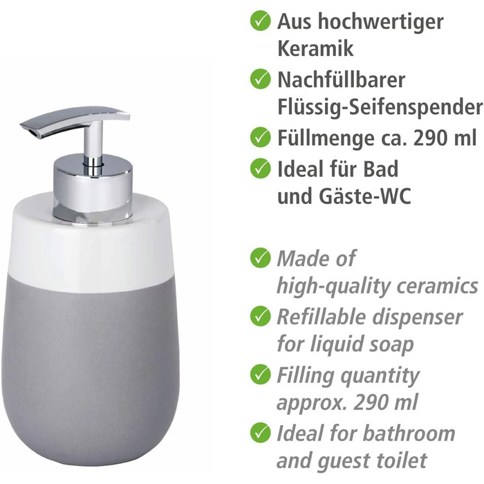 Дозатор для мила WENKO Malta, керамічний, 290 мл, білий, 7,5 x 15 x 8 см