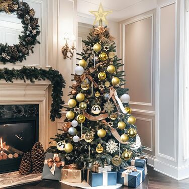 Набір прикрас на ялинку 101 шт. Золоті ялинкові кулі, ялинкова прикраса, набір ялинкових кульок, ялинкова зірка, матові та глянцеві, багаторазові, 3, 4, 6 см