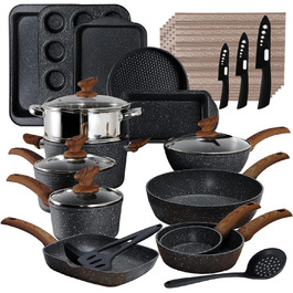 Kitchen Academy Cookware Set - 17 Piece Induction Set with Glass Lids, PFAS-Free Ceramic Non-Stick Coating, Grey