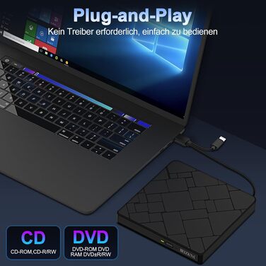 Зовнішній USB 3.0 та USB-C CD/DVD привід-записувач Beizkna, портативний DVD-бренер для ноутбука, ПК, MacBook та iMac, сумісний з Windows 11/10/8/7, Linux та macOS, чорний