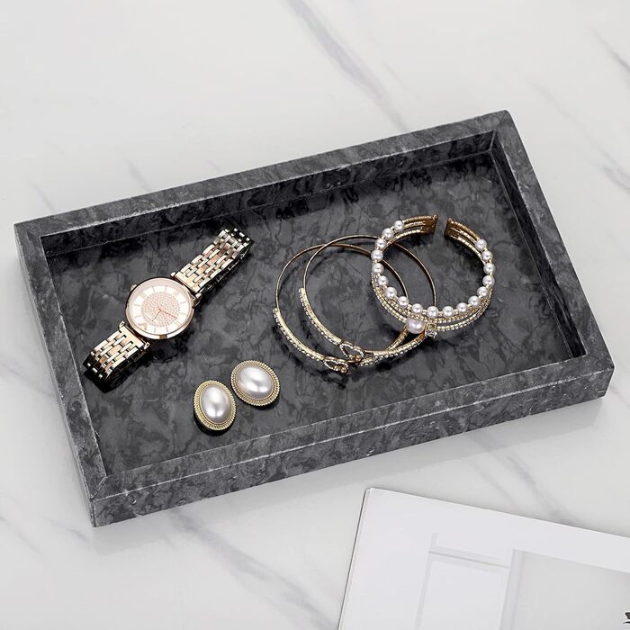 BSTKEY Natural Marble Serving Tray for Coffee Table, Rectangular, Jewelry Tray, Organizer, Decorative Bathroom, Vanity, Toilet Tank, Bathtub Tray, 25x15 cm (black)