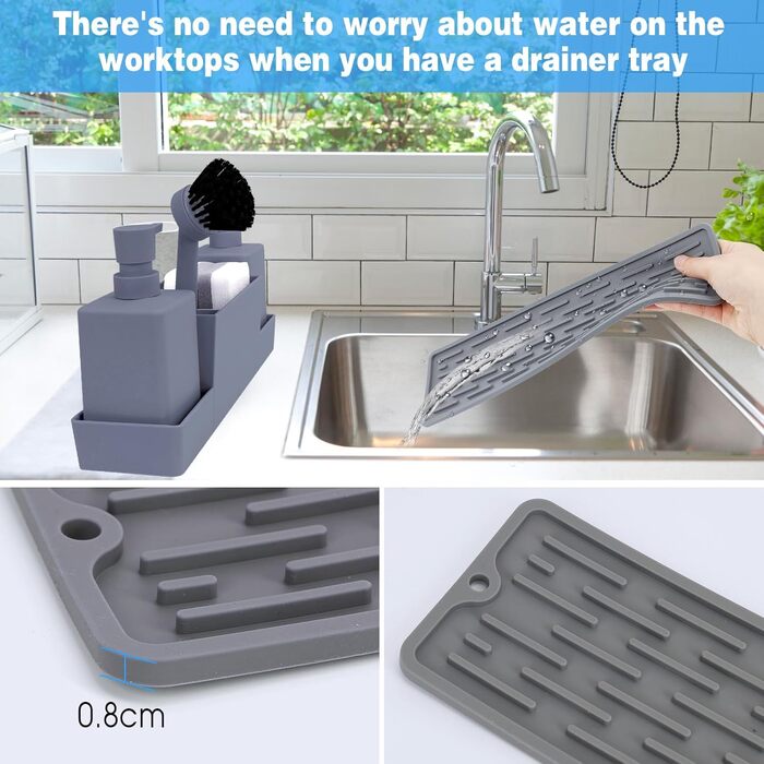 CAUTIOUS 350ml Sink Organizer with Brush, Soap Dispenser Sponge Kitchen Dish Soap Dispenser Set Made of Plastic, Sink Organizer with Two Soap Dispensers, Kitchen Gadget Organizer (gray)