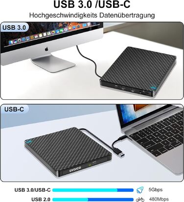 Зовнішній DVD-привід USB-C CD/DVD гравер та плеєр для MacBook, ноутбуків та ПК (Windows 11) з 2 USB-портами та SD/TF слотом, чорний