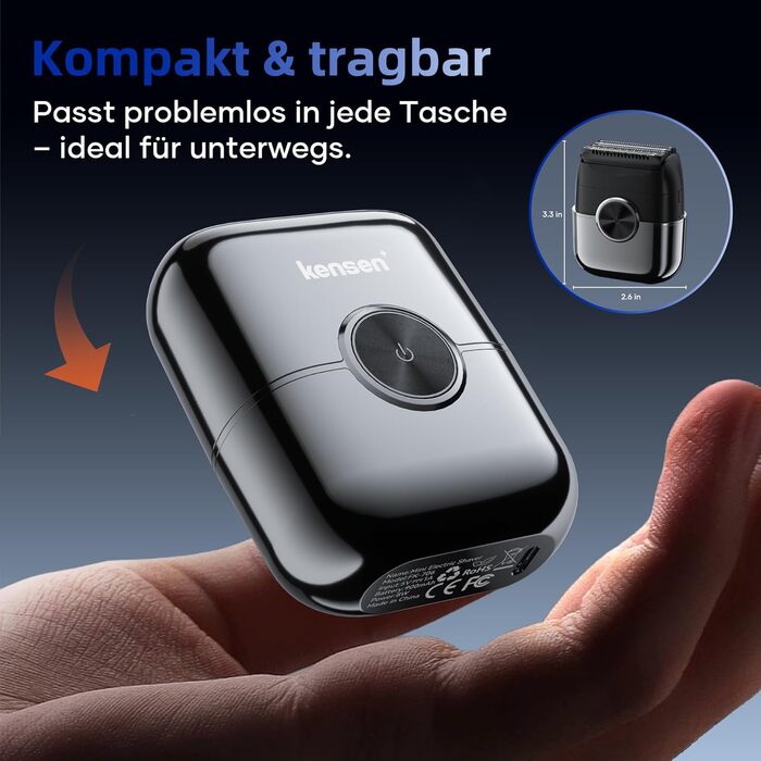 Електробритва чоловіча Kensen Mini Foil Shaver з USB-C зарядкою, водонепроникна, для сухого гоління бороди та обличчя, срібляста